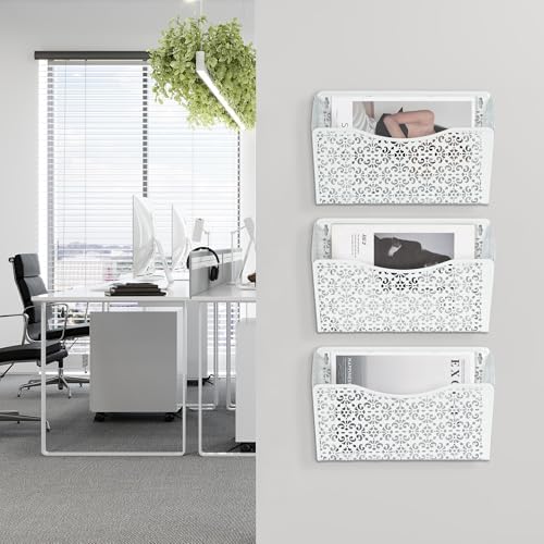 EasyPAG 3 Pack Hollow Design Wall-Mounted File Organizer - Heavy Duty Metal, Vertical Space Saving, Letter Size Single Pocket Holder for Office, Home, School, White - Image 7