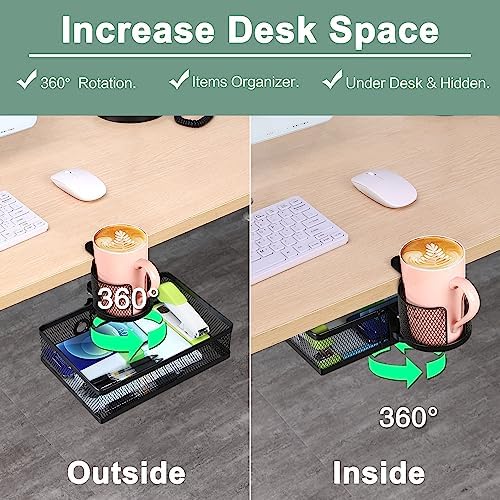 ROSYLINE Rotary Under Desk Storage Organizer with Cup Holder & Drawer Tray - Image 3