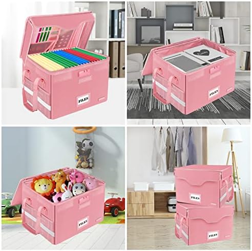 DocSafe Fireproof Document Box with Lock,File Storage Organizer with Pockets,Collapsible Portable File Box Home Office Safe Filing Cabinet with Handle for Hanging Letter/Legal Folders,Pink,2 Pack - Image 3