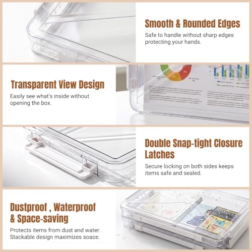 Clear Document Box, Portable A4 Paper Storage Organizer with Snap Latches, Stackable File Case for Certificates Photos Letter Size, Magazine Protector, 14.37" x 9.44" x 1.37" (2 Pack), White - Image 3