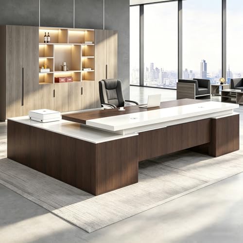 Executive Desk, L Shaped Executive Office Desk with Locking Drawer & File Cabinet, 1'' Thick Desktop, Large Office Desk with Storage, Modern Executive Computer Workstation for Home Office & Business by Unknown