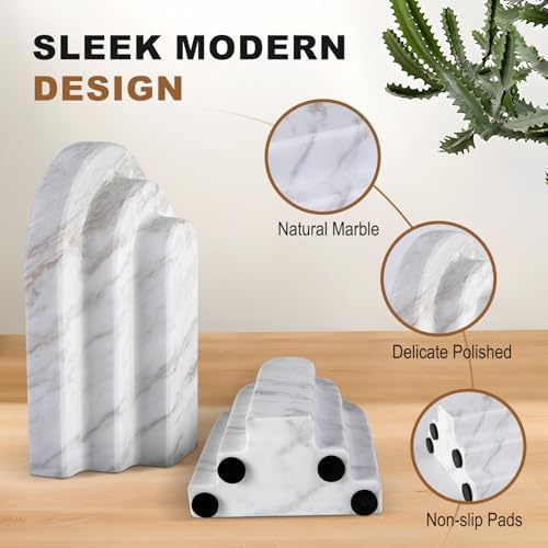 Natural Marble Book Ends - Heavy Duty Bookends for Shelves - Aesthetic Layered Arch Design Stone Book Holders, Modern Office Bookshelf Stopper Decor for Books/CDs (Volakas) - Image 3