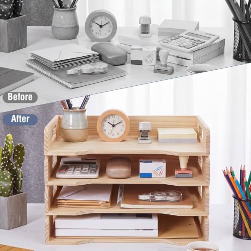 Yinkin Wooden Stackable Paper Trays 4-Tier Wooden Paper Organizer for Desk Letter Documents Wood Desktop File Organizers for Desktop File Holder and Office Supplies Rack for Home Office Use (Natural) - Image 4