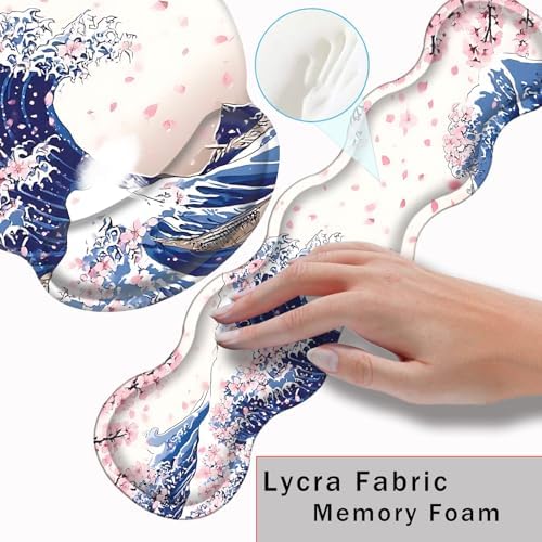 Mouse Pad,Large Pink Desk Mat, 4in1 XXL Mousepad + Keyboard Wrist Rest+Mouse Wrist Rest+Coaster Set with Ergonomic Desk Pad for Home Office Table Computer-Japanese Sea Wave - Image 5