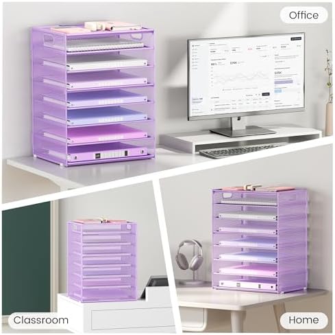 Lavatino 2 Pack 8-Tier Office Desk File Organizer, Letter Tray Paper Organizer with Handle, Including 5 Adjustable Slide Trays for Organizing Desk Workspace Accessories and Supplies (Purple Mesh) - Image 5