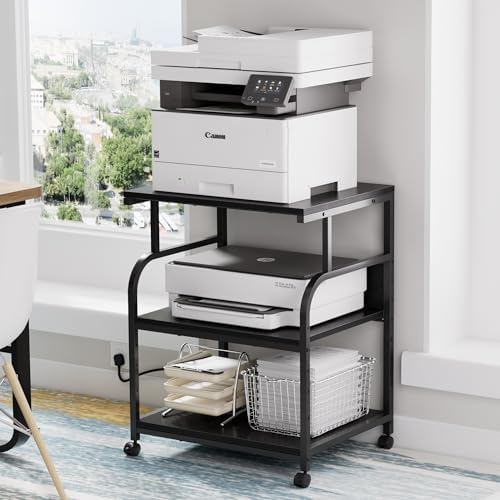 VECELO Adjustable Large Printer Stand with Power Outlet, 3-Tier Heavy Duty Cart on Lockable Wheels, Office Storage Table for Home Office, 3D Printer, Fax Machine, Scanner, Classic Black by VECELO