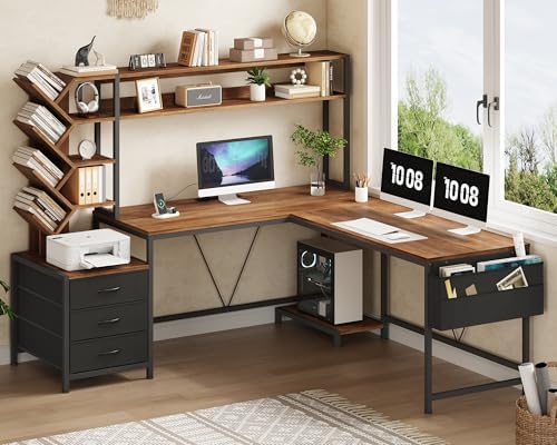 63" L Shaped Desk with Bookshelf, Drawers and Hutch for Home Office - Image 3