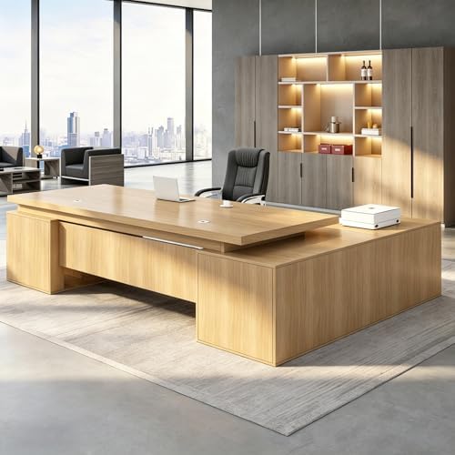 Executive Desk, L Shaped Executive Office Desk with Locking Drawer & File Cabinet, 1'' Thick Desktop, Large Office Desk with Storage, Modern Executive Computer Workstation for Home Office & Business by Unknown