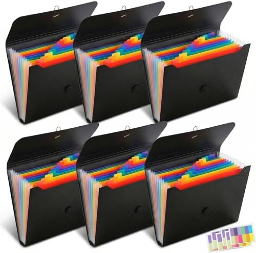 6 Pack Expanding File Folder, 13 Pockets Accordion File Organizer, A4 Letter Size Plastic Document Holder with Colored Tabs, Monthly Bill Receipt Sorter for Home Office School by Unknown