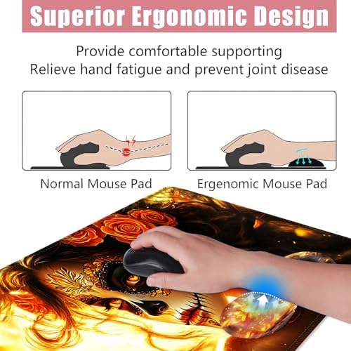 Large Keyboard Mouse Pad Set, Extended Mouse Pad+Keyboard Wrist Rest Support, Memory Foam Ergonomic Easy Typing, 4Pcs (31.5×11.8 in) Desk Pad Set for Office Home,Skull Woman with Rose - Image 5