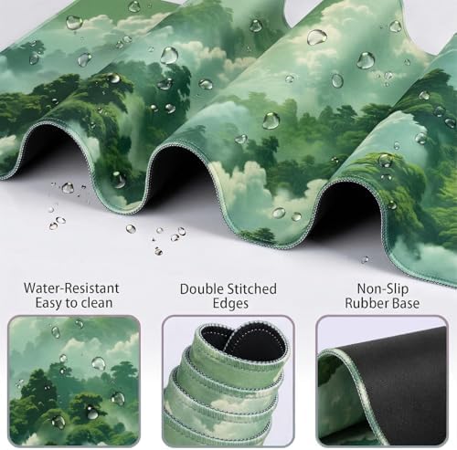 Green Cloud Mouse Pad and Keyboard Wrist Rest 4PCS Extended Forest Mountain Aesthetic Large Desk Mat Pad Set Memory Foam Non-Slip Cute Ergonomic Gaming Mouse Pad Wrist Support for Computer Home Office - Image 2