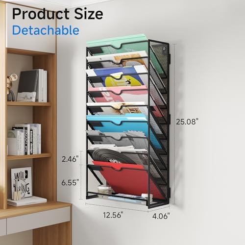 Lavatino 10-Tier Hanging File Organizer, Wall Mount File Holder for Mails Folders Papers Magazine Organization, Vertical Document Organizer for Office Home Black - Image 5