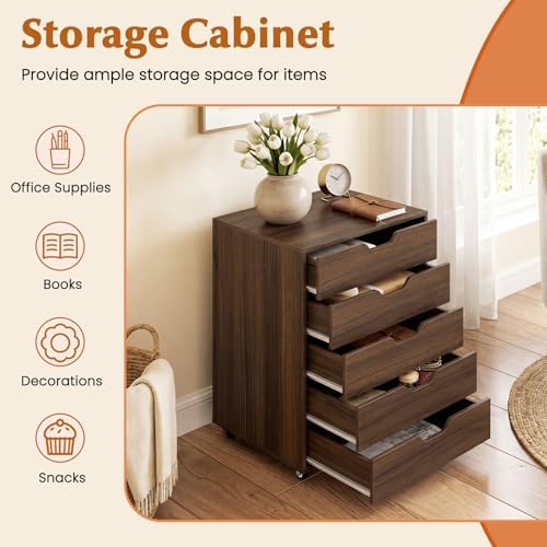 Byroce 5-Drawer Storage Cabinet with Wheels, Mobile Office Cabinet, Walnut - Image 5