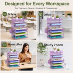 Purple 7 Tier Desk File Organizer, Metal Letter Tray Paper Organizer with Pull-Out Drawer, Removable Pen Holder & Hanging Basket, Vertical Desktop File Holder for Home Office, Classroom - Image 4