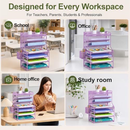 Purple 7 Tier Desk File Organizer, Metal Letter Tray Paper Organizer with Pull-Out Drawer, Removable Pen Holder & Hanging Basket, Vertical Desktop File Holder for Home Office, Classroom - Image 4