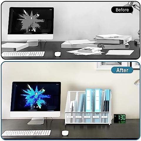 SUPEASY Desk Organizers Metal Desk Magazine File Holder with 5 Vertical Compartments Rack File Organizer for Office Desktop, Classroom, Home Workspace, White Plus - Image 6
