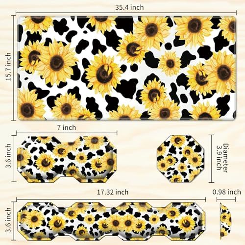 Gaming Mouse Pad Wrist Support & Desk Mat(35.4" x 15.7") & Keyboard Wrist Rest & Coasters CGFGHHUY 4 Pcs Set with Memory Foam Ergonomic Easy Typing Pain Relief - Cow Print Sunflowers - Image 2