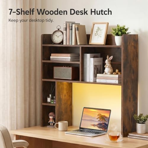 OFCASA Desktop Bookshelf with LED Lights, Countertop Storage Hutch with 7 Shelves for Computer Desk, 35.4'' 3-Tier Display Rack, Wooden Desk Hutch Storage Organizer for Home Office Dorm, Brown - Image 3