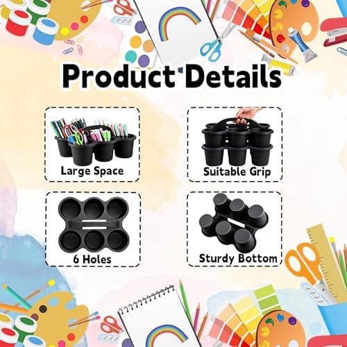 6 Pack Classroom Caddy Organizer with Handle Black Plastic Table Caddy 6 Compartments Storage Cup Holder for School Supplies Art Crafts Crayons Pencils Stackable Desk Caddy for Office Home - Image 3