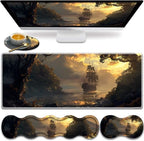 Large Gaming Mouse Pad, Keyboard Wrist Rest Pad + Mouse Wrist Pad + Coaster 4 in 1 Set, Extended Waterproof Non-Slip Desk Mat, Suitable for Office Home Learning Games, Pirate Ship by HTTYYTRYT