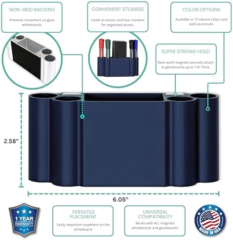 Glassboard Studio Magnetic Dry Erase Marker Holder - Super Strong for Magnetic Glass Whiteboard or Fridge - 2 Large Neodymium Magnets - No Slip Grip - Eco-Friendly PLA Plastic (Navy Blue, KIT) - Image 2