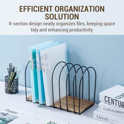 MyGift 14 Inch Large Desktop Document Holder, Premium Acacia Solid Wood and Black Metal Wire Arch 8 Section File Folder Storage Rack, Office Desk Organizer - Image 3