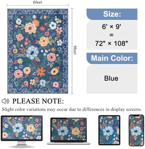 DUKINO 6x9 Area Rugs, Floral Washable Rug for Bedroom Non Slip, Blue - Image 2