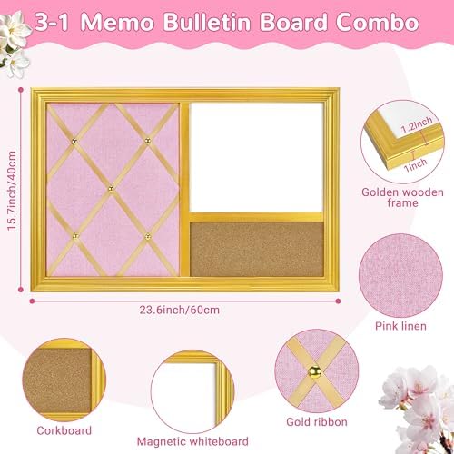 3-1 Memo Bulletin Board Combo,16’’x24’’,Gold Frame Pink Linen Ribbon Photo Board, Magnetic Whiteboard & Corkboard, for Office, Home, Bedroom,School,Dorm Wall Decor - Image 2