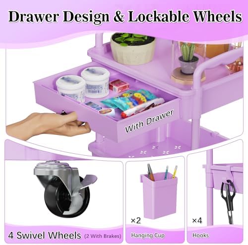 SUNALLY 4 Tier Rolling Cart with Drawer,Craft Storage Cart Organizer,Purple - Image 4