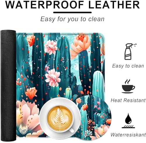 Large Keyboard Mouse Pad Set, Extended Mouse Pad+Keyboard Wrist Rest Support, Memory Foam Ergonomic Easy Typing, 4Pcs (31.5×11.8 in) Desk Pad Set for Office Home,Cute Cactus Blooming Flowers - Image 2