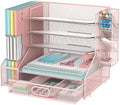 Desk Organizer with 5 Tier File Holder and Sliding Drawer Pen Holder Pink by SUPEASY