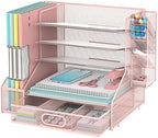 Desk Organizer with 5 Tier File Holder and Sliding Drawer Pen Holder Pink by SUPEASY
