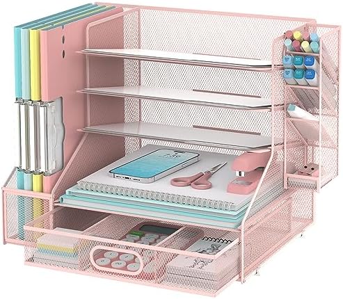 Desk Organizer with 5 Tier File Holder and Sliding Drawer Pen Holder Pink by SUPEASY