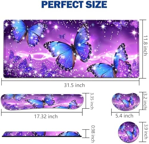 Large Mouse Pad + Keyboard Wrist Rest Set, Extended Gaming Mousepad (31.5X11.8 inch) with Non-Slip Rubber, Ergonomics Memory Foam Mouse Wrist Rest Support, Blue Butterfly Purple Pattern XXL Desk Pad - Image 2