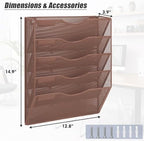 EASEPRES 5 Pocket Mesh Hanging Wall File Organizer, Wall Mounted Mail Paper Document Folder Holder, Clipboard Storage Organization Magazine Rack with Nametag Label for Office Home School, Brown - Image 2