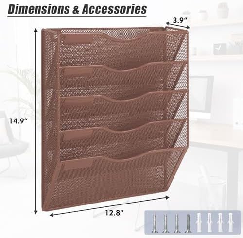 EASEPRES 5 Pocket Mesh Hanging Wall File Organizer, Wall Mounted Mail Paper Document Folder Holder, Clipboard Storage Organization Magazine Rack with Nametag Label for Office Home School, Brown - Image 2