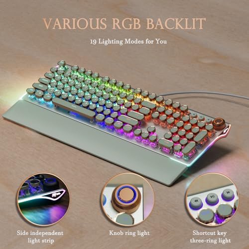 RK ROYAL KLUDGE X108 Typewriter Style Mechanical Keyboard, Wired Gaming Keyboard 108 Keys RGB Backlit Sidelight, Detachable Wrist Rest, Volume Knob, Retro Round Keycaps Blue Switches - Green - Image 5
