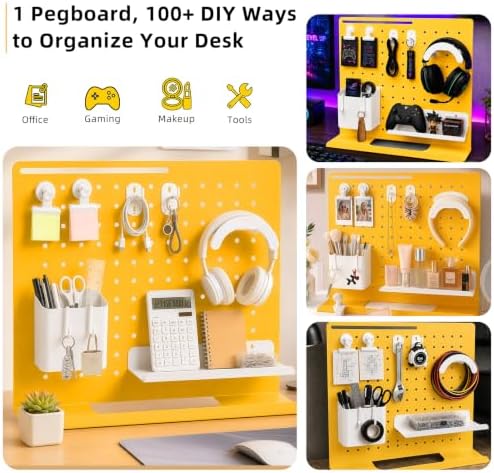 Metal Desk Pegboard Organizer, No Drill Modular Storage Kit 10 Accessories 15.8x11.8in White Yellow for Office Vanity - Image 2