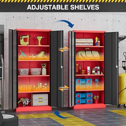 Fesbos Metal Storage Cabinet-72” Tall Steel File Cabinets with Lockable Doors and Adjustable Shelves-Black&Red Steel Storage Cabinet for Kitchen, Office, Garage - Image 4