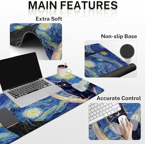 Arttown Keyboard Mouse Pad Set, 4 in 1 Desk Mat Set Cat Moon - Image 3