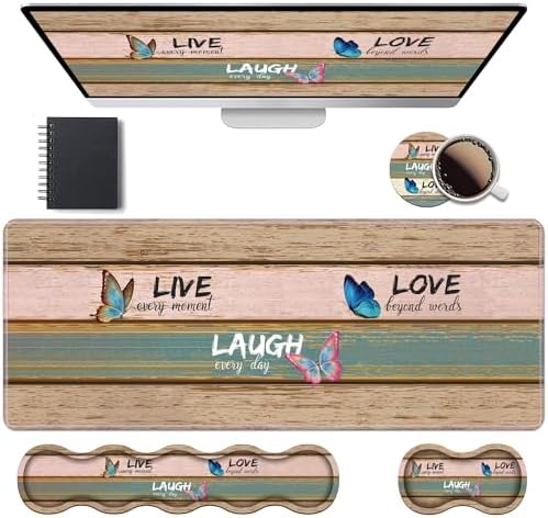 Ergonomic Keyboard Wrist Rest & Mouse Pad Wrist Rest Set, Large XXL Gaming Desk Mat 31.5"x 11.8" with Memory Foam, Easy Typing Pain Relief for Office & Home, Vintage Wood Board Live Laugh Love by Unknown