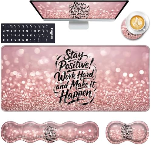 Keyboard Wrist Rest and Mouse Pad with Wrist Support Set Ergonomic Coaster,Memory Foam,Easy Typing Pain Relief,Large XL Desk Mat 31.5"x 11.8",Stay Positive Work Hard and Make It Happen Motivational by CICPLKSE