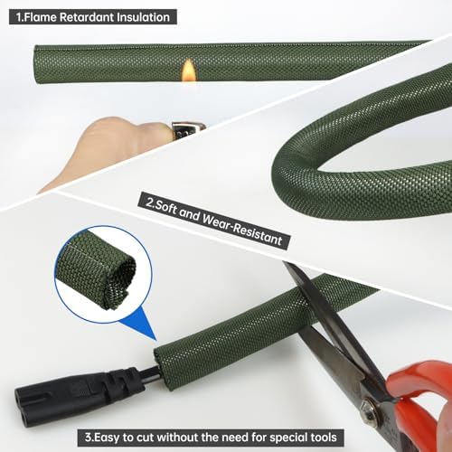 Split Braided Cable Sleeve，Flexible Wire Loom Tubing, Automotive Cord Protector Pet Proof, Cable Management for Computer TV Electric Wires Harness 16ft (Dark Green, 19mm（3/4") - Image 4