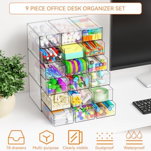 Yieach 9 Pack Small Acrylic Drawers With 18 Drawers,Clear Drawer Organizers Stackable,School,Office Supplies Organizer And Storage Bins for Stationery,Pen,Pencil,Craft,Glasses,Sunglass Organizer Case - Image 4