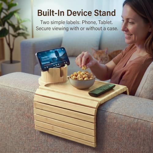 OMEO Couch Cup Holder, Bamboo Sofa Armrest Tray with 360° Rotating Drink Holder, Clip-On Arm Rest Table for Couch, Anti-Slip Armrest Tray for Snacks & Drinks, 18.9" x 12.99" - Image 5