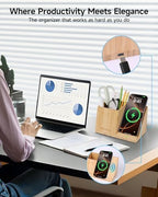Bamboo Pen Holder for Desk & Nightstand Organizer with Fast Wireless Charging for iPhone, Samsung & More – Office Desk Accessories for Men/Women (Bamboo) - Image 3