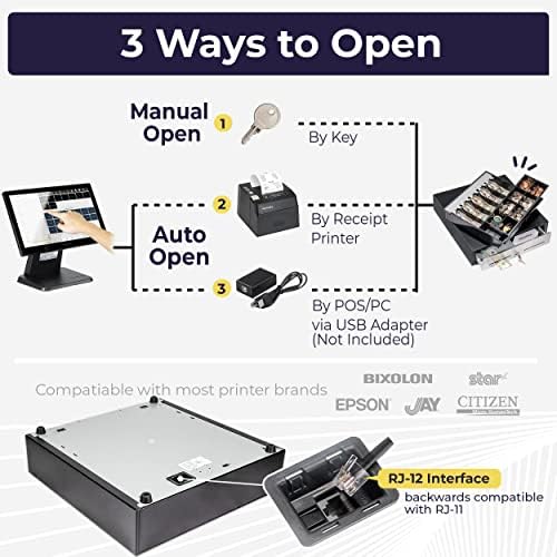 Volcora Cash Register Drawer for Point of Sale (POS) System - Black and Stainless Steel Front - Fully Removable 2 Tier Cash Tray, 5 Bill/8 Coin, 12-24V, RJ11/RJ12 Key-Lock - Under Counter - Image 4