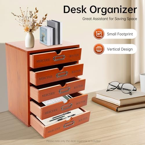 Vintage 5-Drawer Desktop Storage Box, Wood Desk Organizer Rustic Shelf Drawer, Craft Countertop Storage Drawers Ideal Home Office Organizers and Accessories (9.84 * 6.88 * 12.2inch) - Image 2