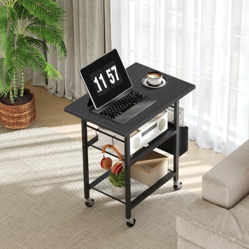 MAHANCRIS 3-Tier Printer Stand, Rolling Printer Table on Wheels, Industrial Storage Stand with Side Pocket, Wooden Tabletop, 2 S-Shaped Hooks, for Home Office, Black PTBK2501 - Image 7
