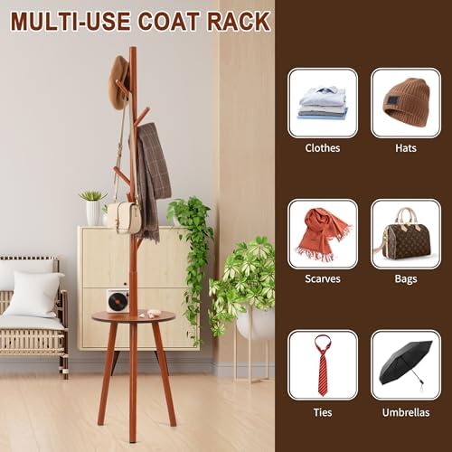 Wooden Coat Rack Freestanding with Round Table & 8 Hooks, Coat Tree Organizer for Clothes, Hats, Bags, Easy Assembly Space-Saving Coat Rack Stand for Home, Office, Walnut - Image 6